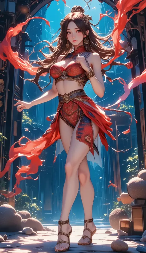 (Masseter membrane 、high quality、 Ukiyo-e style 、mystery、Absolutely beautiful、Official Art、Sharaku:1.2)、( 1 girl :1.3)、(fractal art:1.3)、cowboy shooting、white skin、(Beautiful Brunette、object:1.2)、 performing arts based on Japanese traditions、colorful、(reel...