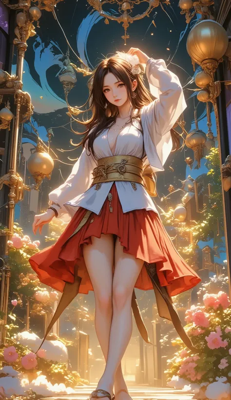 (Masseter membrane 、high quality、 Ukiyo-e style 、mystery、Absolutely beautiful、Official Art、Sharaku:1.2)、( 1 girl :1.3)、(fractal art:1.3)、cowboy shooting、white skin、(Beautiful Brunette、object:1.2)、 performing arts based on Japanese traditions、colorful、(reel...