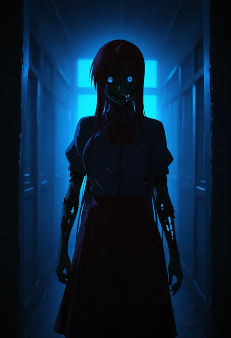 high contrast,red ,blue,yellow,zombie,Shizuka_Marikawa ,(in negative),dramatic lighting
