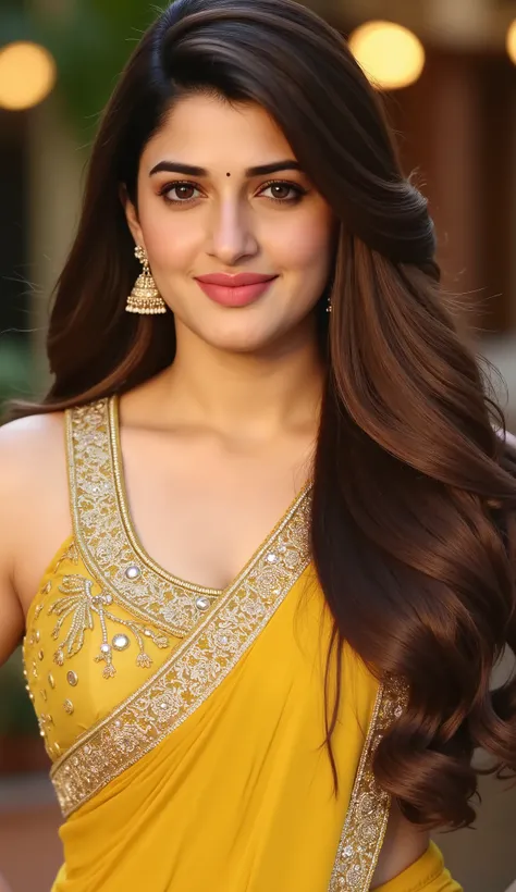 Indian beautiful woman sexy bhabhi, Hands on hips,showing dark armpits,strapless Sleeveless blouse,very deep cleavage,curvy plus size model wearing transparent embroidery golden satin embroidery floral color saree ,strapless sleeveless golden blouse, plent...