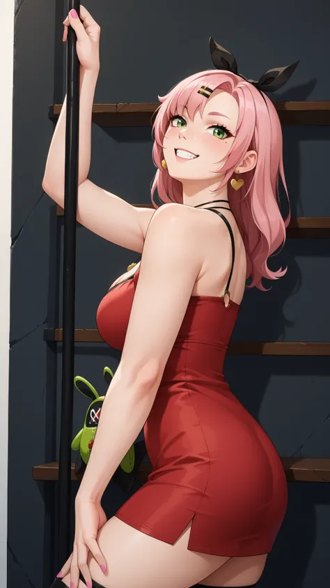 Girls smile, fair skin, long hair, big , big breats, big ass, big butt, sexy body, sexy girls, thic body, beautiful girls, dress, red dress colors, nails colors, pink nails colors, in room, indoor, sexy pose, ultra realistic graphic, gaze looking at the ca...