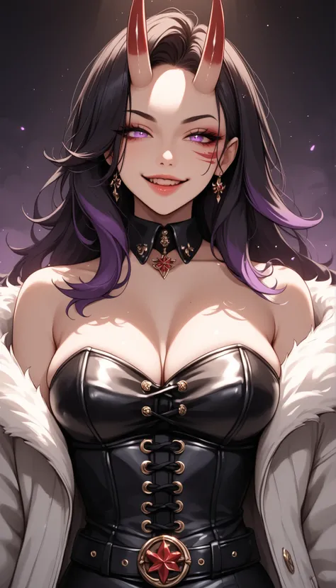 (masterpiece:1.2), (best quality:1.2), ultra detailed, 8k, cinematic movie poster, centered 3/4 body composition, belt up, solo focus, spotlight on face, dramatic shadows, soft rim light, glowing particles, purple miasma swirling around her waist and shoul...
