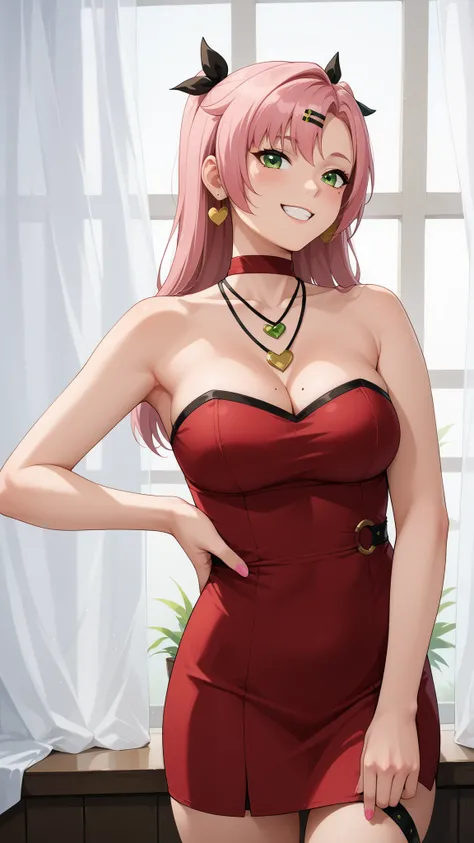 Girls smile, fair skin, long hair, big , big breats, big ass, big butt, sexy body, sexy girls, thic body, beautiful girls, dress, red dress colors, nails colors, pink nails colors, in room, indoor, sexy pose, ultra realistic graphic, gaze looking at the ca...