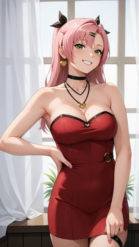 Girls smile, fair skin, long hair, big , big breats, big ass, big butt, sexy body, sexy girls, thic body, beautiful girls, dress, red dress colors, nails colors, pink nails colors, in room, indoor, sexy pose, ultra realistic graphic, gaze looking at the ca...