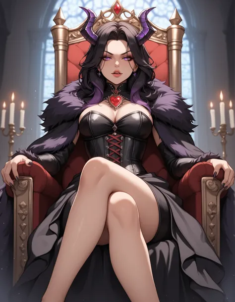 (masterpiece:1.2), (best quality:1.2), ultra detailed, 8k, gothic throne room, ambient candlelight, cinematic shadows, glowing purple mist in background, queen seated on ornate throne, pondering expression, seductive and stern, long black hair with rich pu...