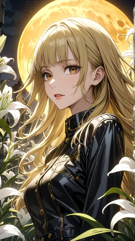 ((( brown eyes , brown eyes color, brown eyess )))
beautiful blonde, neck , long hair slightly curly , brown eyess with golden veins , long eyelashes , black denim short jacket , high-waisted black jeans , ( masterpiece fails ), high quality,...