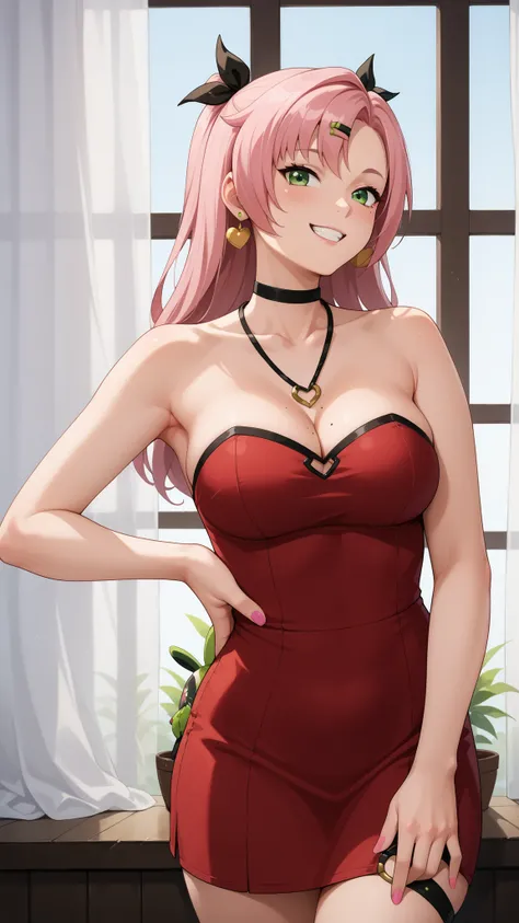 Girls smile, fair skin, long hair, big , big breats, big ass, big butt, sexy body, sexy girls, thic body, beautiful girls, dress, red dress colors, nails colors, pink nails colors, in room, indoor, sexy pose, ultra realistic graphic, gaze looking at the ca...