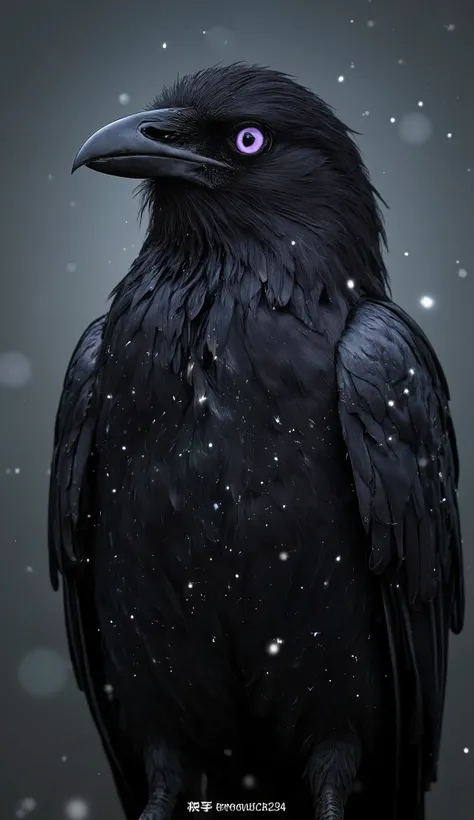 Create a black-feathered raven with some sparkle on its feathers, violet eyes,  ultra-realistic and detailed 
