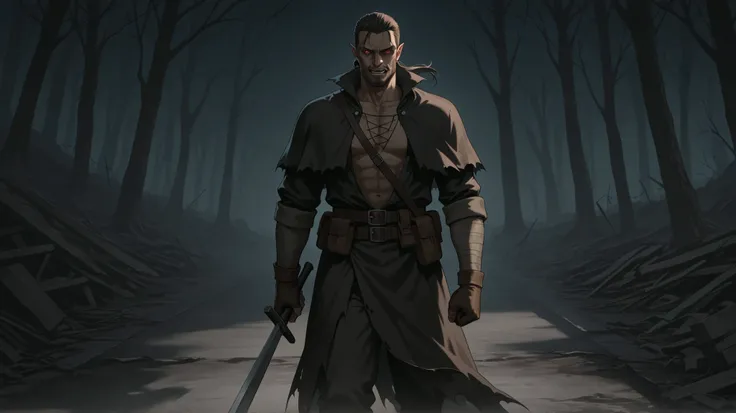 man vampire of darkness at abandoned road dark horror design anime