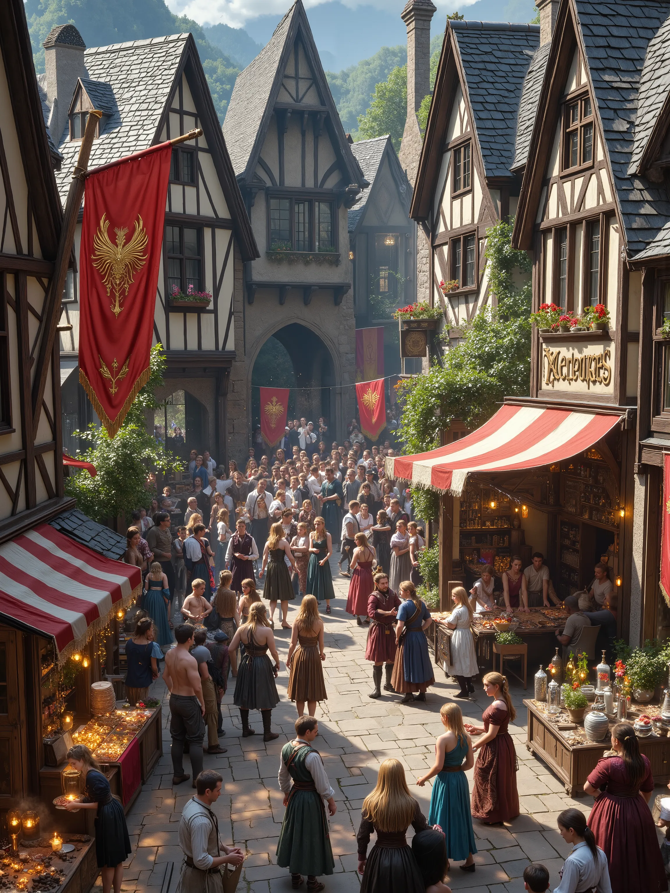 a photo of a group of people at a medieval fantasy market, wisosdxl, best quality, masterpiece, isometric scene, lord of the rings