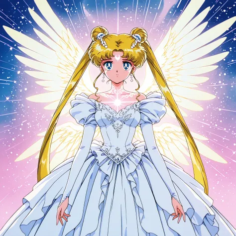 Ethereal throne of the angelic king, French Rococo-inspired concept art, game CG character, 1 queen wearing a wedding dress, with enormous, symmetrical, glowing wings, curved lines highlighting her facial features and body contours, usagi tsukino, blonde h...