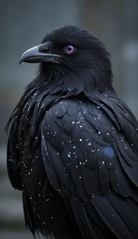 Create a black-feathered raven with some sparkle on its feathers, violet eyes,  ultra-realistic and detailed 