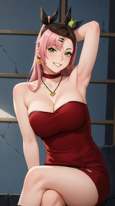 Girls smile, fair skin, long hair, big , big breats, big ass, big butt, sexy body, sexy girls, thic body, beautiful girls, dress, red dress colors, nails colors, pink nails colors, in room, indoor, sexy pose, ultra realistic graphic, gaze looking at the ca...