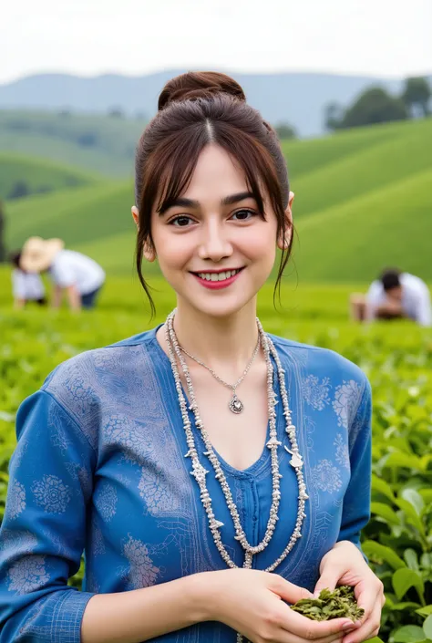 "A beautiful young woman pixie short haircut style dressed in traditional ethnic attire stands in a lush green tea plantation, holding freshly picked tea leaves in her hands. She wears an intricate blue and floral-patterned outfit adorned with silver jewel...