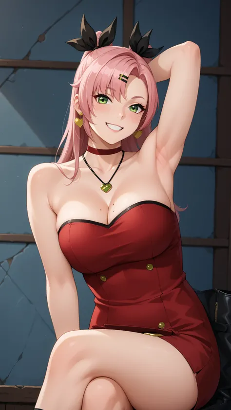 Girls smile, fair skin, long hair, big , big breats, big ass, big butt, sexy body, sexy girls, thic body, beautiful girls, dress, red dress colors, nails colors, pink nails colors, in room, indoor, sexy pose, ultra realistic graphic, gaze looking at the ca...