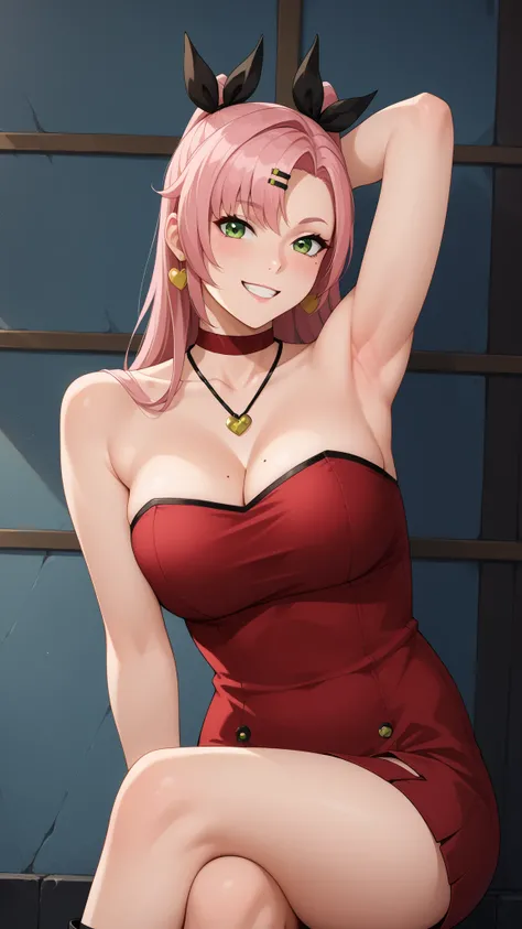 Girls smile, fair skin, long hair, big , big breats, big ass, big butt, sexy body, sexy girls, thic body, beautiful girls, dress, red dress colors, nails colors, pink nails colors, in room, indoor, sexy pose, ultra realistic graphic, gaze looking at the ca...