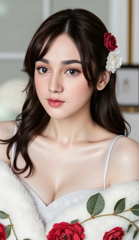 A breathtaking portrait of a young woman with soft straight black short pixie haircut styled, adorned with delicate red and white floral hair accessories. She has striking green eyes, a fair complexion, and a serene, confident expression. Her makeup is sub...
