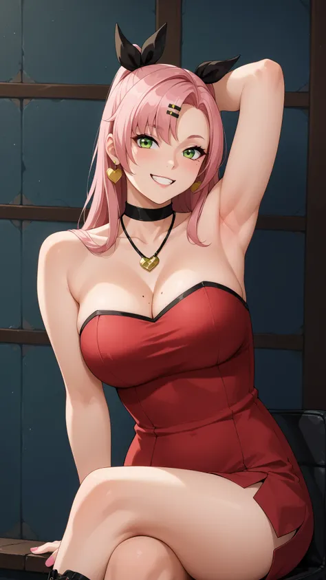 Girls smile, fair skin, long hair, big , big breats, big ass, big butt, sexy body, sexy girls, thic body, beautiful girls, dress, red dress colors, nails colors, pink nails colors, in room, indoor, sexy pose, ultra realistic graphic, gaze looking at the ca...