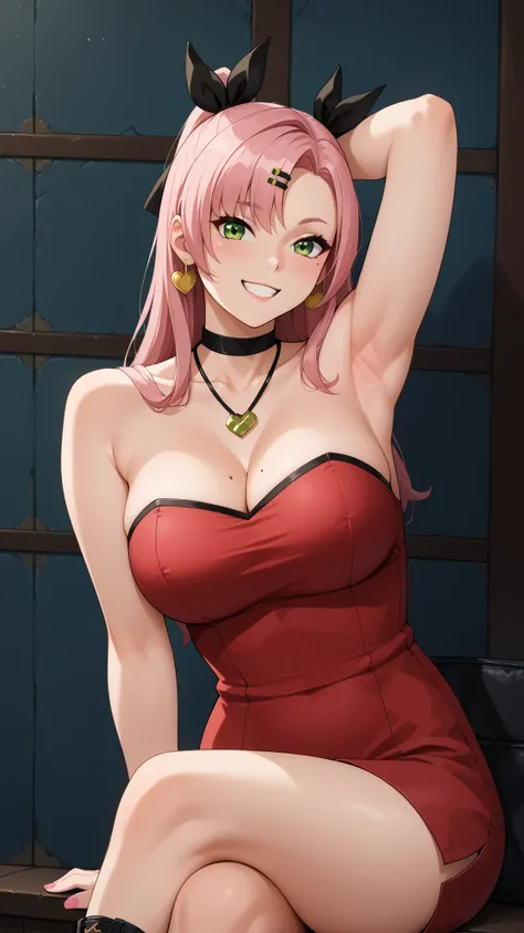 Girls smile, fair skin, long hair, big , big breats, big ass, big butt, sexy body, sexy girls, thic body, beautiful girls, dress, red dress colors, nails colors, pink nails colors, in room, indoor, sexy pose, ultra realistic graphic, gaze looking at the ca...