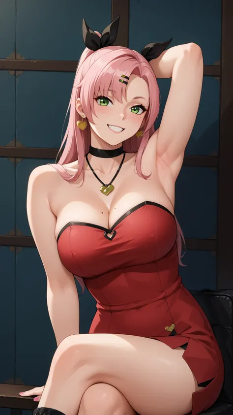 Girls smile, fair skin, long hair, big , big breats, big ass, big butt, sexy body, sexy girls, thic body, beautiful girls, dress, red dress colors, nails colors, pink nails colors, in room, indoor, sexy pose, ultra realistic graphic, gaze looking at the ca...