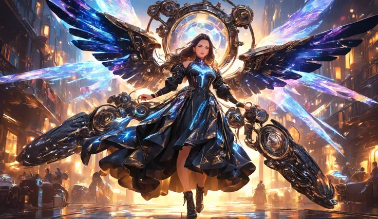 a mechanical angel descends onto a runway, its wings shimmering with iridescent light. The angel wears a gown of interlocking gears and wires, adorned with glowing neon accents. The runway is bathed in dramatic overhead lighting, casting long shadows that ...