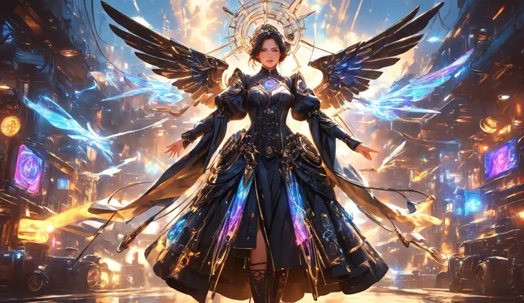 a mechanical angel descends onto a runway, its wings shimmering with iridescent light. The angel wears a gown of interlocking gears and wires, adorned with glowing neon accents. The runway is bathed in dramatic overhead lighting, casting long shadows that ...