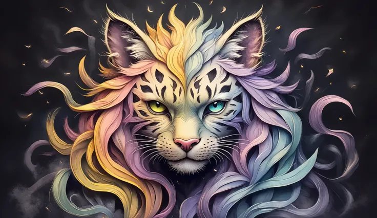 oil pastel, illustration, simple, dark background, a cat , fur of gold curves, digital airbrush, vray, hypermaximalist, ray tracing, rossdraws, h.r. van dongen, matte painting, CryEngine