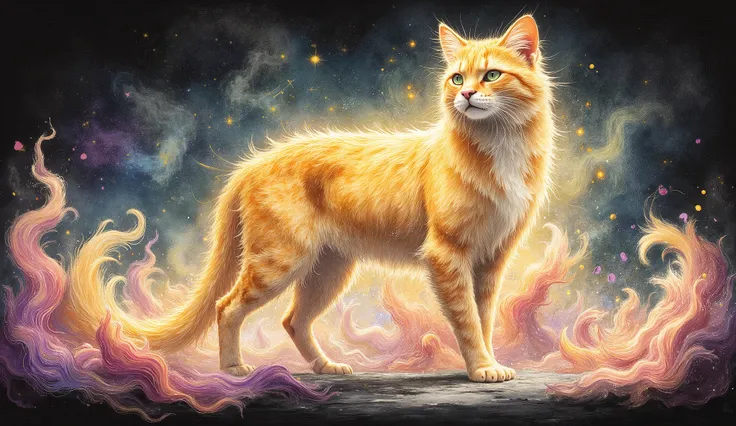 oil pastel, illustration, simple, dark background, surreal, a cat , fur of gold curves, digital airbrush, vray, hypermaximalist, ray tracing, rossdraws, h.r. van dongen, matte painting, CryEngine