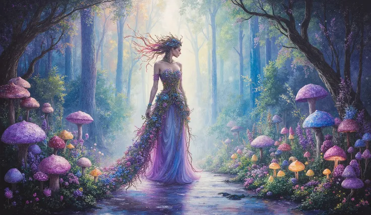 imagine a surreal fashion show in an enchanted forest. A fairy queen glides down the catwalk, wearing a gown made of woven vines and glowing mushrooms. The forest is filled with bioluminescent plants and creatures, creating a magical atmosphere. The style ...