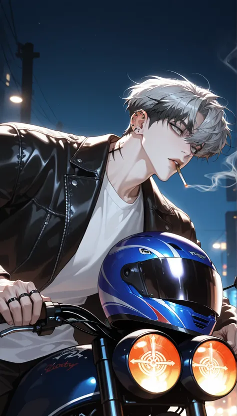 ((걸작, top quality)), handsome, alone, 1 male, short hair, gray hair, smoke gray hair tips on black hair, gray eyes, white shirt, black leather jacket , smoking, night, Black Light, sharp chin, big eyes, Thick lips, lots of piercings in the ear, cross tatto...
