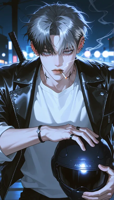 ((걸작, top quality)), handsome, alone, 1 male, short hair, gray hair, smoke gray hair tips on black hair, gray eyes, white shirt, black leather jacket , smoking, night, Black Light, sharp chin, big eyes, Thick lips, lots of piercings in the ear, cross tatto...