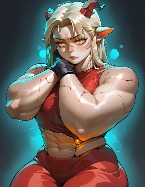Character: Female humanoid hybrid (part biological, part cybernetic), created from a modified human genome. Features: Horns covered with tiefling-like skin; skin color that shifts between green, red, orange, and blue; goat-like pupils; iridescent nails; gl...