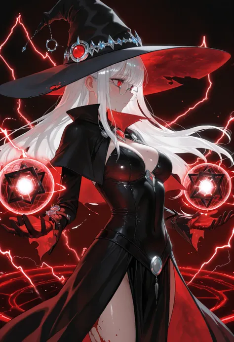 masterpiece,The best quality,newer,absurdres,highres,very far away view,1 girl,adorable,muy beautiful,shy,(big ),red eyes,glasses,beautiful,piel clara, Shiny hair , ultra detailed eyes ,Force Field azul,sexy witch outfit,Hands extended,magic barrier azul,...