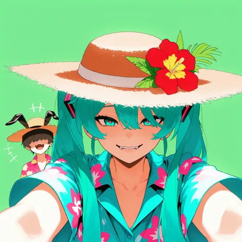 Hatsune Miku musical album logo with Hawaiian shirt, wearing Straw hat covering his eyes, with a cheerful and playful expression, Fangs exposed, transmitting rebellious energy and trust. runway with a perspective from different angles, posing as Bad Bunny,...