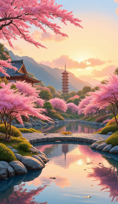 in high-definition images(Digital Paint)、(Best Quality)、Very Beautiful Japanese Garden、Peach Blossoms in Full Bloom、Carp Pond、tower、Ukiyo-e style、Hokusai Inspiration、8K Ultra Realistic、Pastel Color Schemes、Soft Body Lighting、Golden Hour、quiet atmosphere、S...