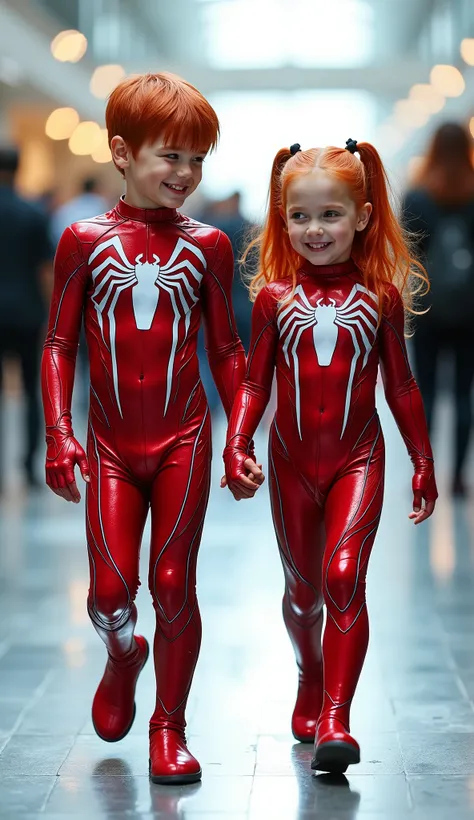 character: 1 baby boy red hair,  and 1 baby girl red hair.

action: Walk straight and look straight ahead. 

Expression : smiling.

Costume : they Wearing futuristik red white venom body suit.

 Background : A bright indoor public space , with people vague...