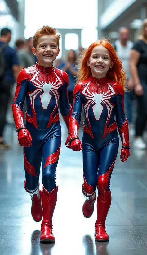 character: 1 baby boy red hair, and 1 baby girl red hair.
action: Walk straight and look straight ahead.
Expression : smiling.
Costume : they Wearing futuristik red white venom body suit with blue armor.
Background : A bright indoor public space , w...