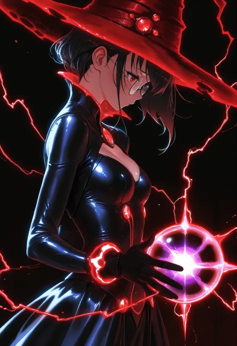 masterpiece,The best quality,newer,absurdres,highres,very far away view,1 girl,adorable,muy beautiful,shy,(big ),red eyes,glasses,beautiful,piel clara, Shiny hair , ultra detailed eyes ,Force Field azul,sexy witch outfit,Hands extended,magic barrier azul,...