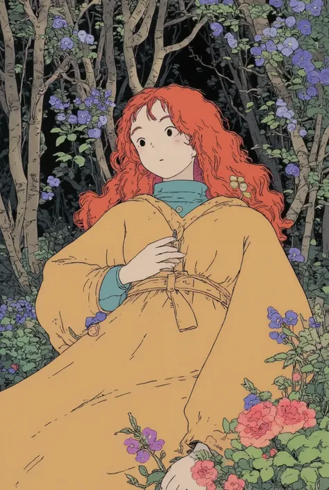 beutiful girl lying in the bushes and thorns and beautiful pinton blue flowers, top view camera. wearing rich yellow wizards robe and pinton blue turttle neck shirt inside. oil painting, masterpiece, shadows, expert, insanely detailed, 4k resolution, ginge...