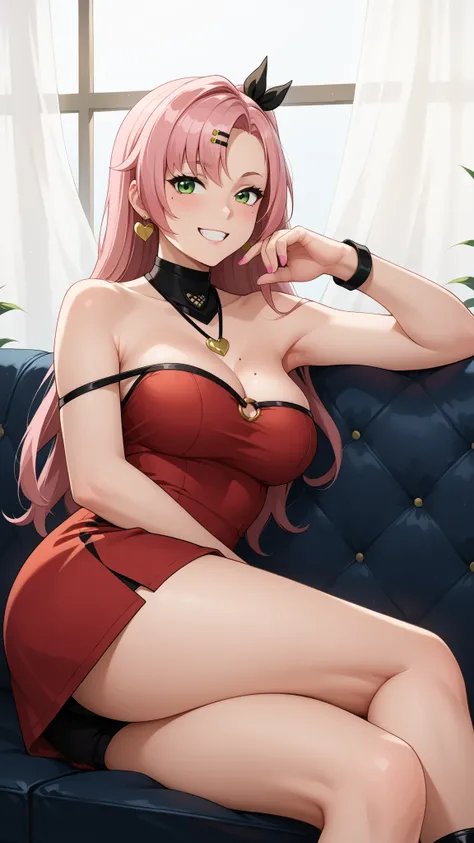 Girls smile, fair skin, long hair, big , big breats, big ass, big butt, sexy body, sexy girls, thic body, beautiful girls, dress, red dress colors, nails colors, pink nails colors, in room, indoor, sexy pose, sitting on the sofa, ultra realistic graphic, g...