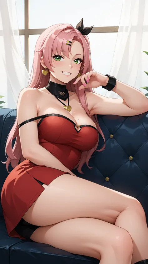 Girls smile, fair skin, long hair, big , big breats, big ass, big butt, sexy body, sexy girls, thic body, beautiful girls, dress, red dress colors, nails colors, pink nails colors, in room, indoor, sexy pose, sitting on the sofa, ultra realistic graphic, g...