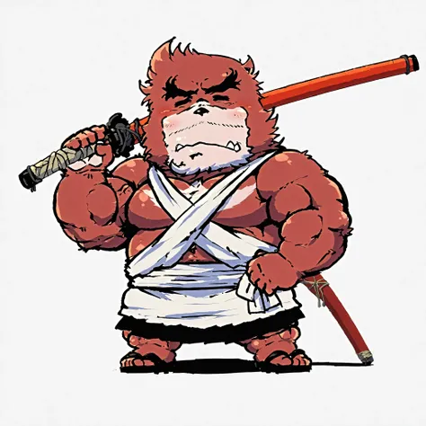 solo, kumatetsu, chibi, cartoon, thick lines, muscles, greek skirt, sword, white background