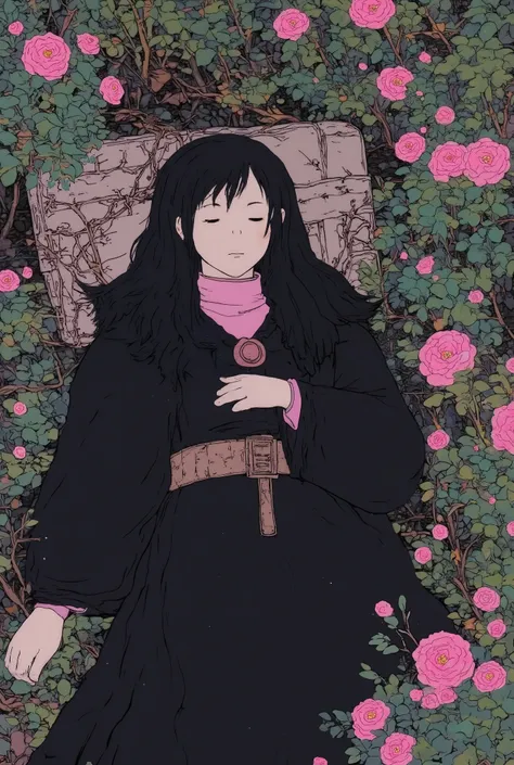 cute girls lying in the bushes and thorns and beautiful old rose pinks flowers, top view camera. wearing jet black wizards robe and old rose pinks turttle neck shirt inside. oil painting, masterpiece, shadows, expert, insanely detailed, 4k resolution,