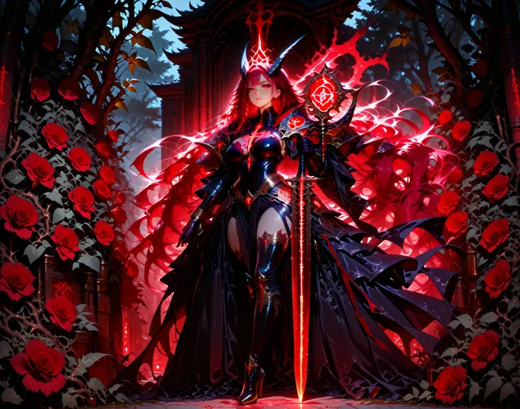 is very beautiful, demon queen, very long flowing red hair, develop in the wind, no more than a horn, bright red eyes, pretty face, big breasts, slim figure, sexy tight black armor with gold accents, He holds a very long sword covered with glowing red ligh...