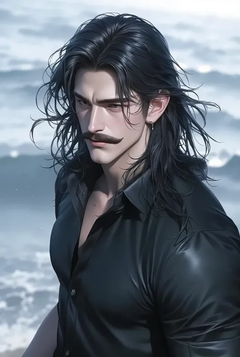 There is a mustache mite that fades. • Hairstyle: long hair, medium neck, dark black • Dress style: Short sleeve shirt with two buttons unbuttoned. The wind blows to see the middle muscles. Half seen. The background is the sea.