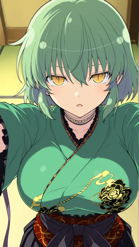 hikage,senran kagura
High quality ,  best quality , masterpiece,  High Resolution , detailed face( LoRA: hikage),anatomically correct, detailed hair Style( LoRA: hikage),anime Coloring
solo, 1 girl,cool woman
, green hair, Medium short hair, bob cut ,slit ...