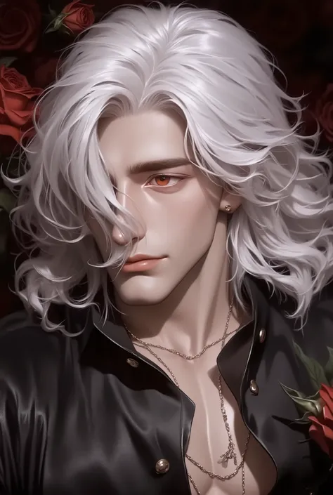 27 years old male, a towering figure at 6'2 ft, (red eyes against a pale complexion), His flowing curly white hair, styled in a sophisticated mullet, His lean, refined demeanor make him the epitome of male beauty., mansion background elegant, roses, handso...