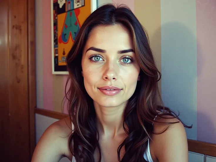 "8K Ultra-HD close-up portrait of a young woman with striking ice-blue eyes and light brown wavy hair, captured in soft indoor lighting. She wears a minimalist thin white tank strap, has a gentle, authentic smile with direct eye contact. Her skin is light ...