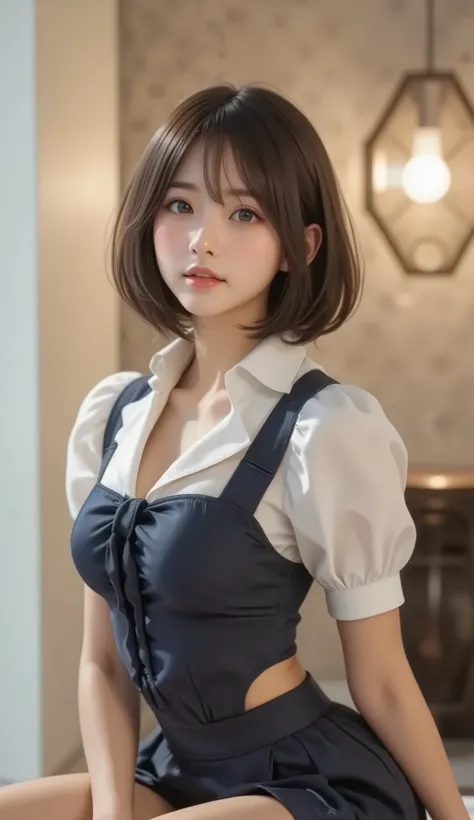 8k,Ultra High Resolution , Best Quality, masterpiece,rule of thirds,golden ratio,surreal,pictures, one woman,( girl:1.3),cute,cute顔, Beautiful Eyes in Every Detail , 細かくdetails,mature woman,Princess,Full body,black hair,Short Bob,ID photo, luxurious and be...