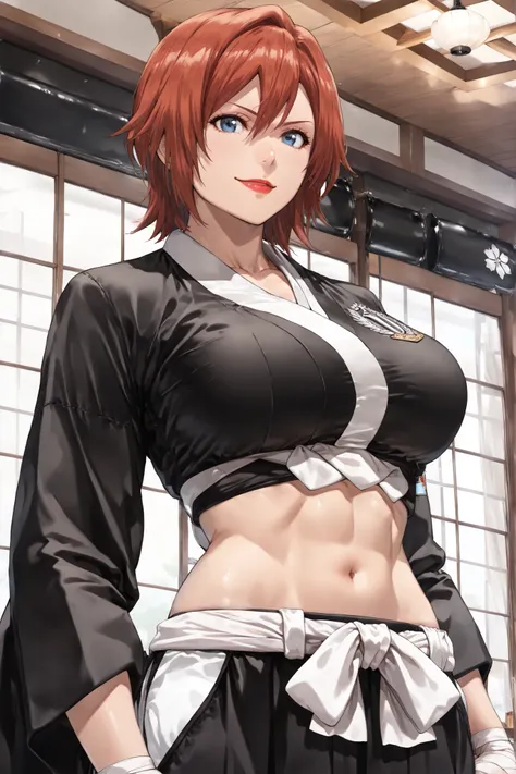 Masterpiece, ultra-detailed, 4K, HD, semi-realistic style, cinematic lighting. perfect face, perfect hands, perfect eyes, ((Cowboy shot)), Vanessa reimagined as a strategist and combat specialist of the 7th Division in Bleach. (((black kimono))), ((Short a...